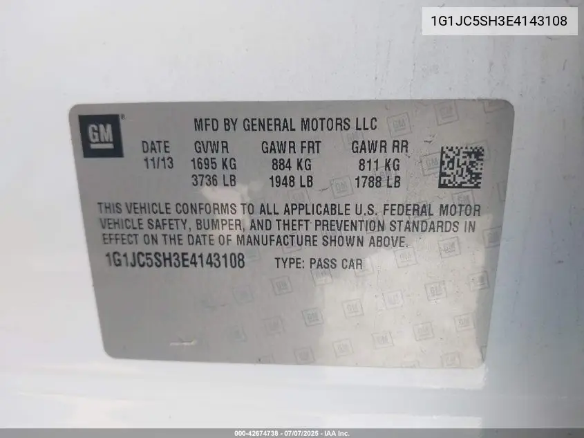 2014 Chevrolet Sonic Lt Auto VIN: 1G1JC5SH3E4143108 Lot: 42674738
