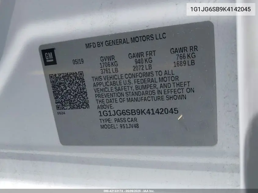 2019 Chevrolet Sonic Lt Auto VIN: 1G1JG6SB9K4142045 Lot: 42133174