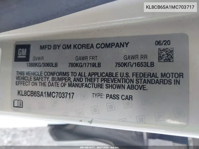 2021 Chevrolet Spark Fwd Ls Automatic VIN: KL8CB6SA1MC703717 Lot: 42614177