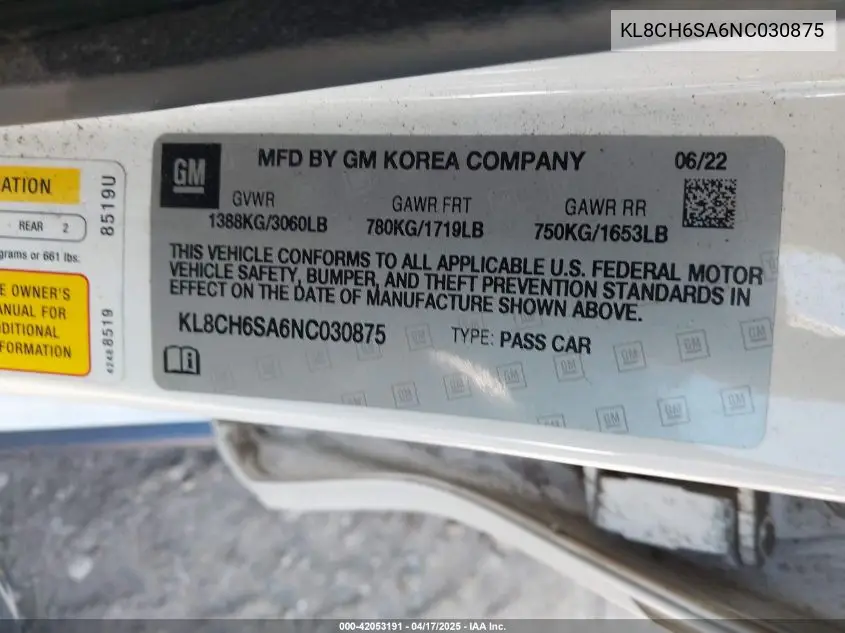 2022 Chevrolet Spark Fwd Activ Automatic VIN: KL8CH6SA6NC030875 Lot: 42053191