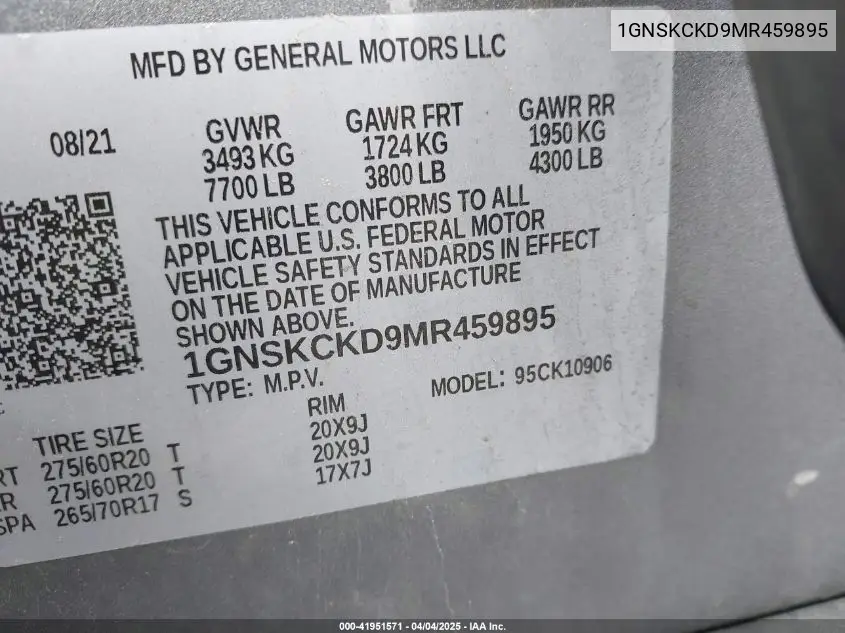 2021 Chevrolet Suburban 4Wd Lt VIN: 1GNSKCKD9MR459895 Lot: 41951571