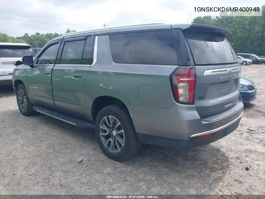 2021 Chevrolet Suburban 4Wd Lt VIN: 1GNSKCKD6MR400948 Lot: 42625415