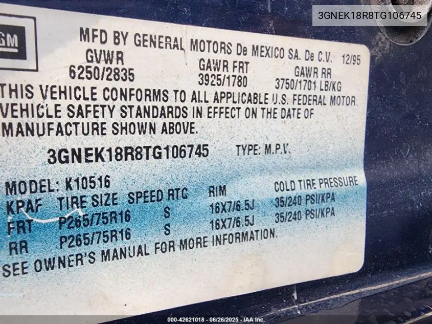 1996 Chevrolet Tahoe K1500 VIN: 3GNEK18R8TG106745 Lot: 42621018