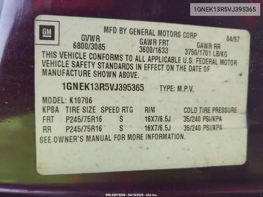 1997 Chevrolet Tahoe Ls VIN: 1GNEK13R5VJ395365 Lot: 42015206