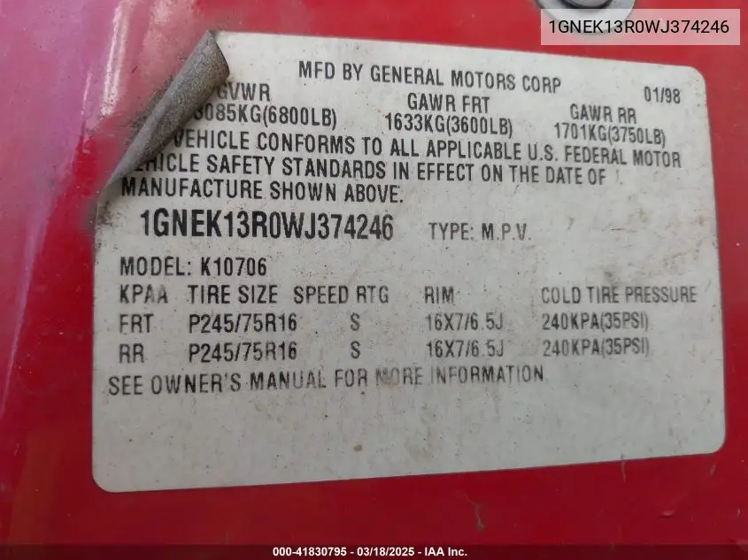 1998 Chevrolet Tahoe Ls VIN: 1GNEK13R0WJ374246 Lot: 41830795