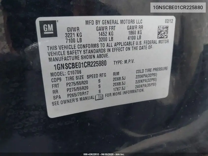 2012 Chevrolet Tahoe Lt VIN: 1GNSCBE01CR225880 Lot: 42622033