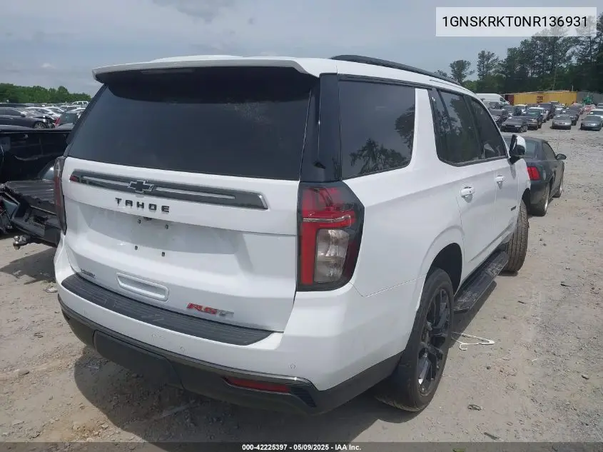 2022 Chevrolet Tahoe 4Wd Rst VIN: 1GNSKRKT0NR136931 Lot: 42225397