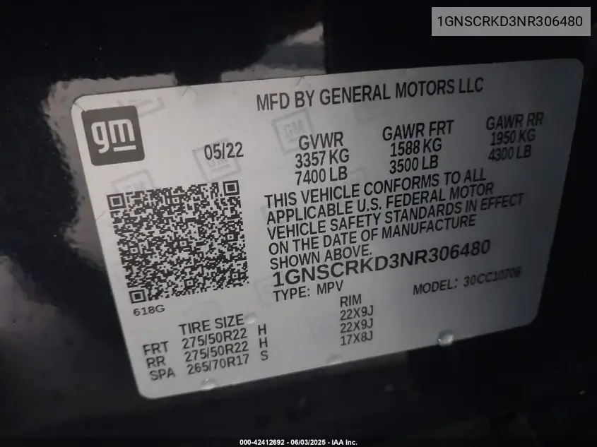 2022 Chevrolet Tahoe 2Wd Rst VIN: 1GNSCRKD3NR306480 Lot: 42412692