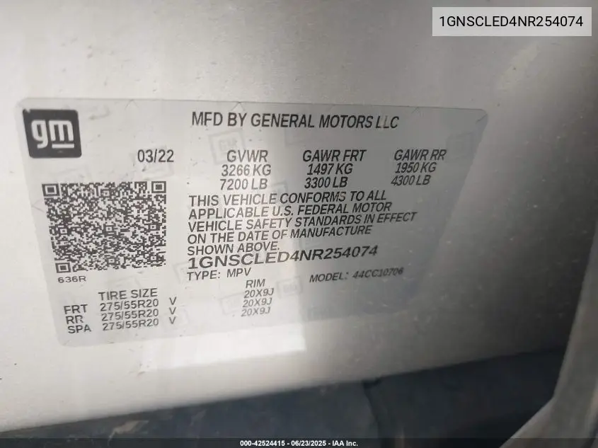 2022 Chevrolet Tahoe 2Wd Commercial Fleet VIN: 1GNSCLED4NR254074 Lot: 42524415