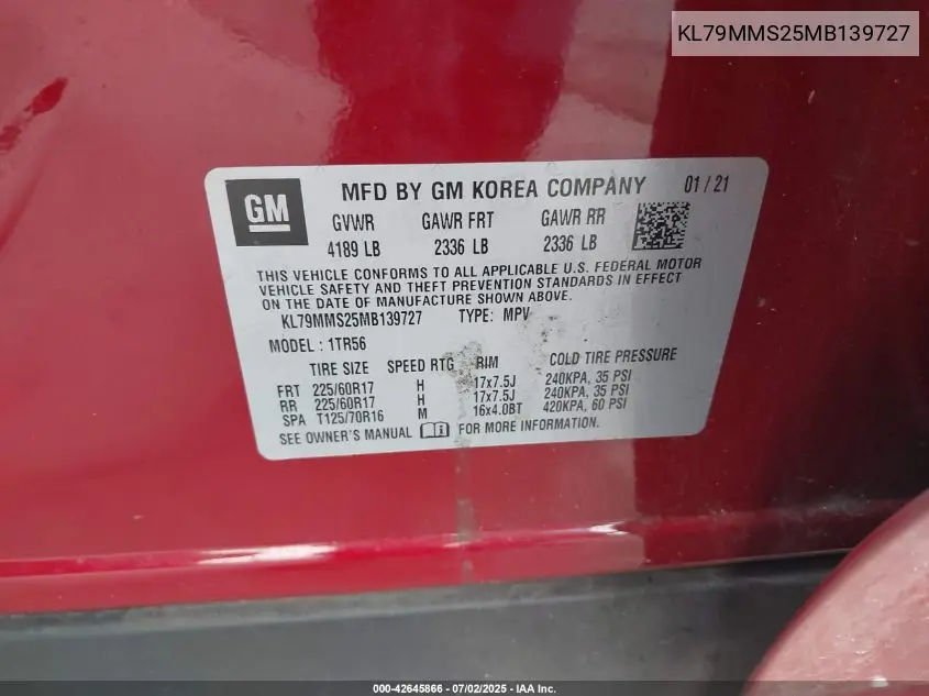 2021 Chevrolet Trailblazer Fwd Ls VIN: KL79MMS25MB139727 Lot: 42645866