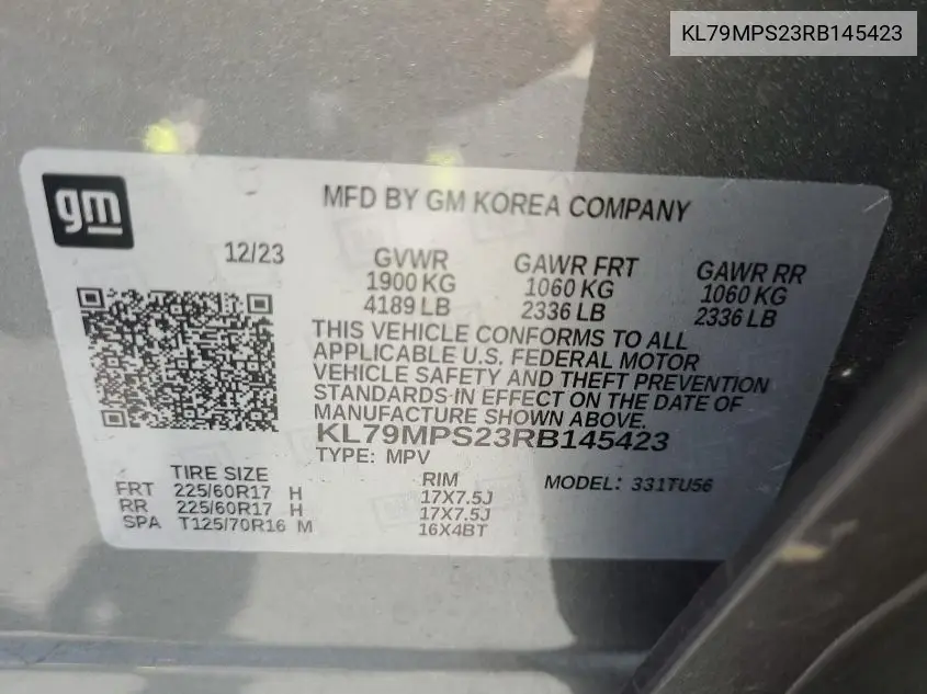 2024 Chevrolet Trailblazer Fwd Lt VIN: KL79MPS23RB145423 Lot: 42678011