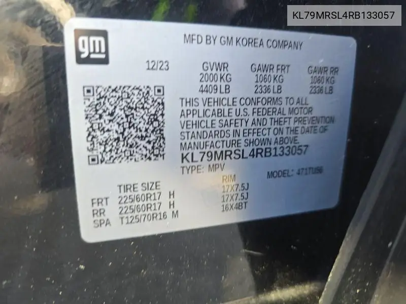2024 Chevrolet Trailblazer Awd Lt VIN: KL79MRSL4RB133057 Lot: 42678532