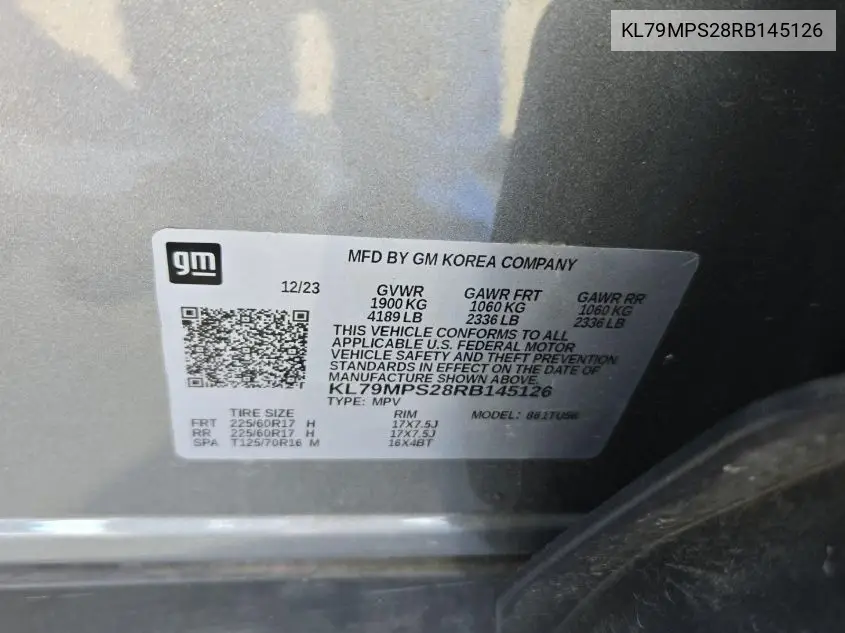 2024 Chevrolet Trailblazer Fwd Lt VIN: KL79MPS28RB145126 Lot: 42796377