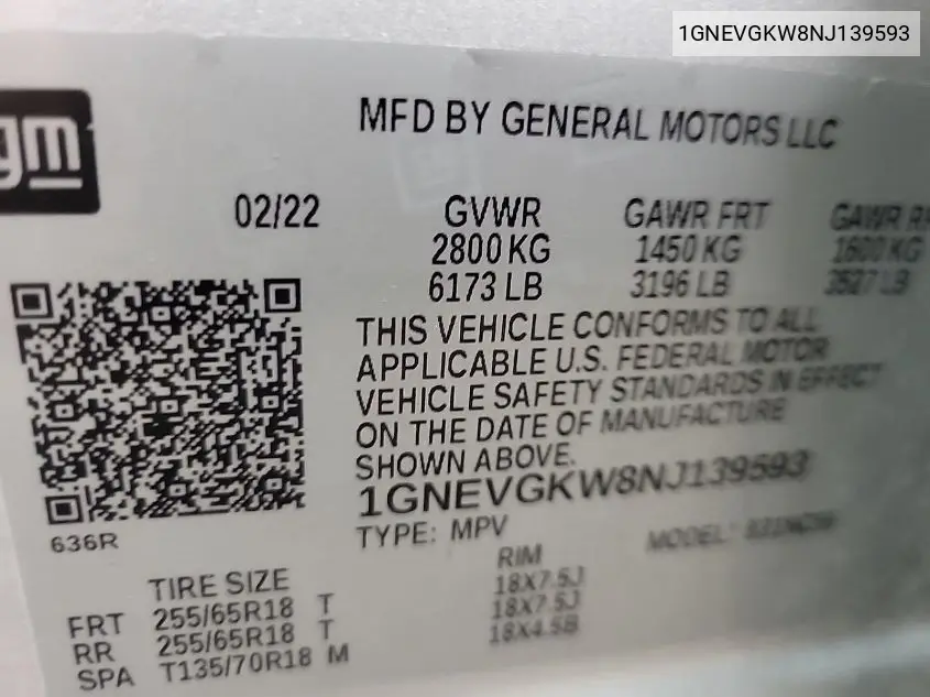 2022 Chevrolet Traverse Lt VIN: 1GNEVGKW8NJ139593 Lot: 42620034