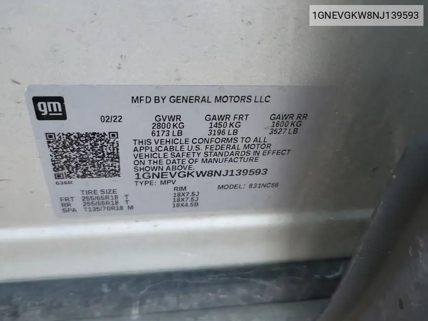 2022 Chevrolet Traverse Lt VIN: 1GNEVGKW8NJ139593 Lot: 42620034