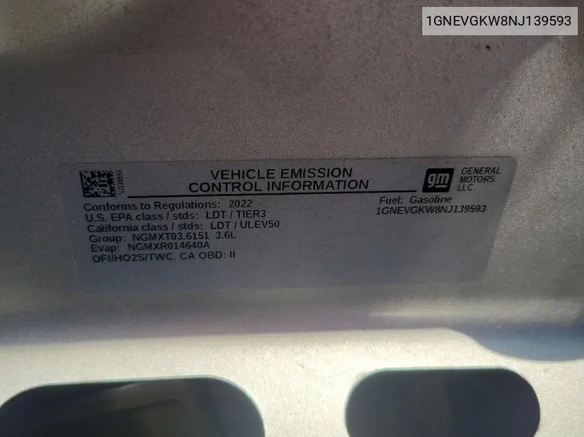 2022 Chevrolet Traverse Lt VIN: 1GNEVGKW8NJ139593 Lot: 42620034