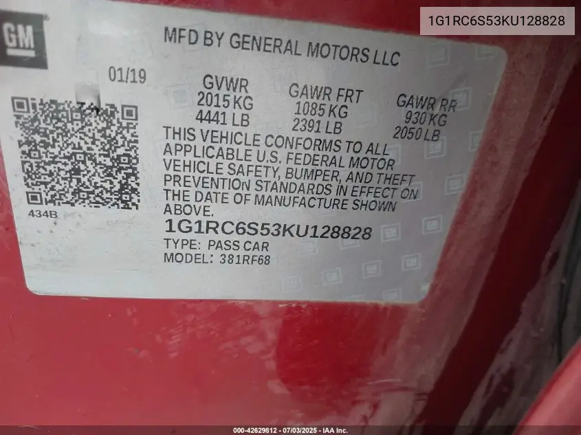2019 Chevrolet Volt Lt VIN: 1G1RC6S53KU128828 Lot: 42629812