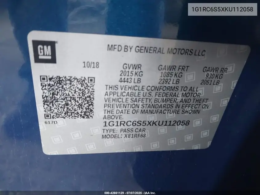 2019 Chevrolet Volt Lt VIN: 1G1RC6S5XKU112058 Lot: 42661129