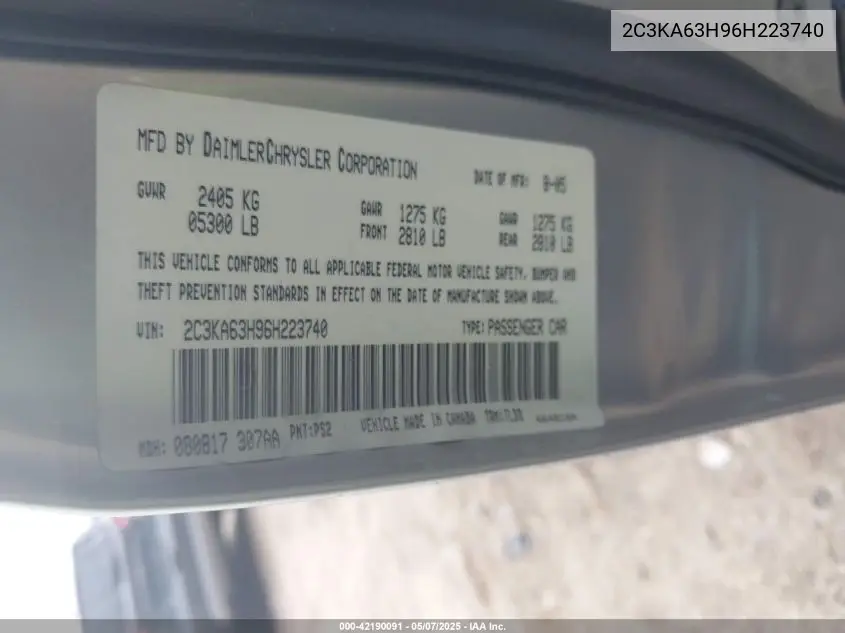 2006 Chrysler 300C VIN: 2C3KA63H96H223740 Lot: 42190091