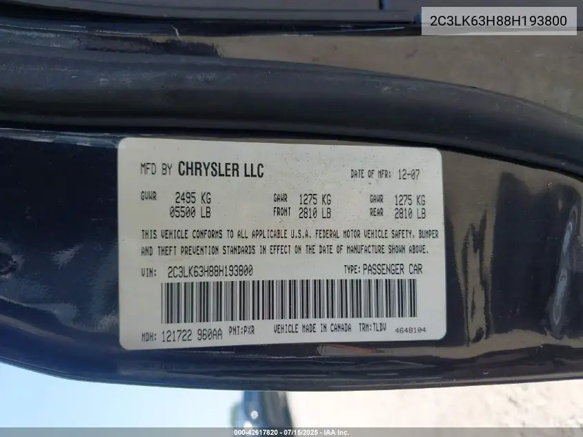 2008 Chrysler 300C VIN: 2C3LK63H88H193800 Lot: 42617820