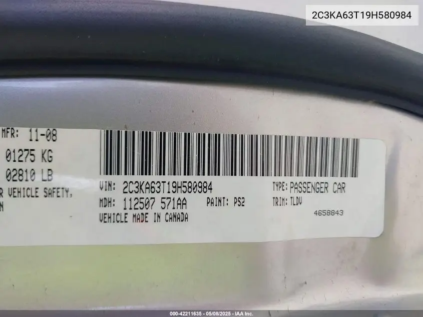 2009 Chrysler 300C Hemi VIN: 2C3KA63T19H580984 Lot: 42211635