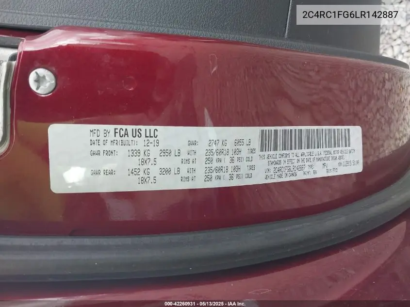 2020 Chrysler Pacifica Touring VIN: 2C4RC1FG6LR142887 Lot: 42260931
