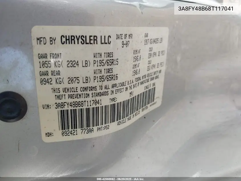 2008 Chrysler Pt Cruiser Lx VIN: 3A8FY48B68T117041 Lot: 42560062