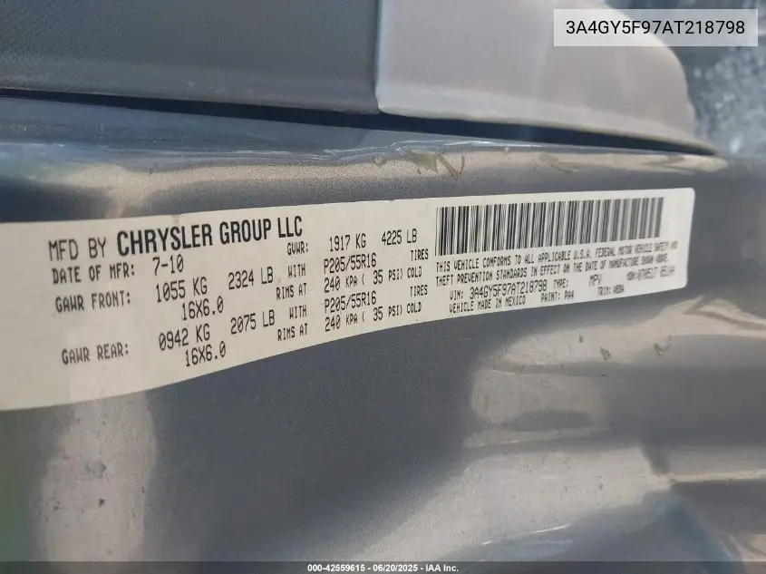 2010 Chrysler Pt Cruiser Classic VIN: 3A4GY5F97AT218798 Lot: 42559615