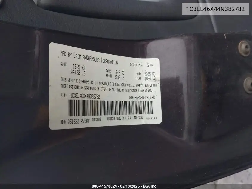 2004 Chrysler Sebring VIN: 1C3EL46X44N382782 Lot: 41578824