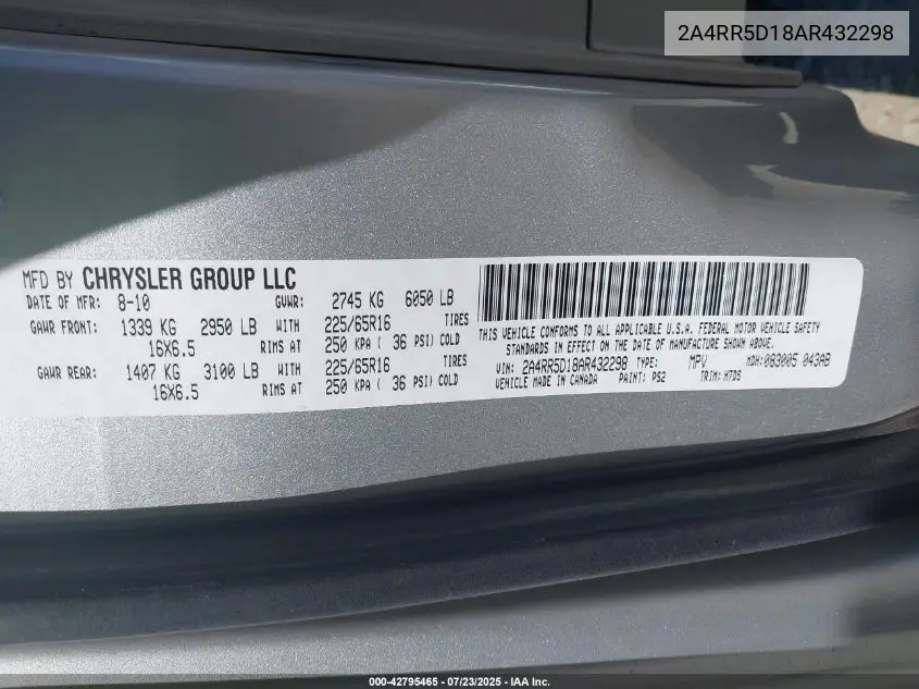 2010 Chrysler Town & Country Touring VIN: 2A4RR5D18AR432298 Lot: 42795465
