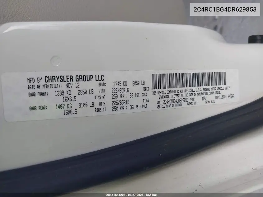 2013 Chrysler Town & Country Touring VIN: 2C4RC1BG4DR629853 Lot: 42614206