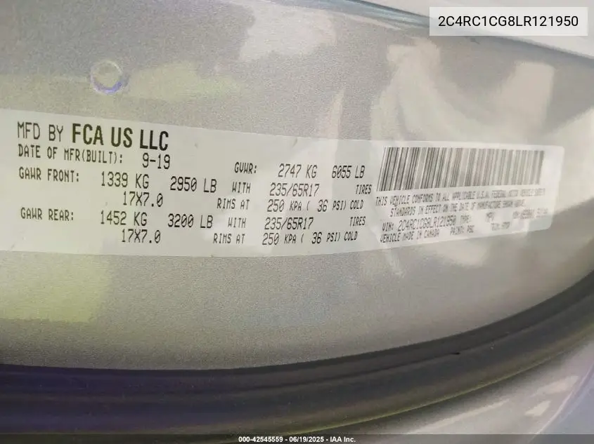 2020 Chrysler Voyager Lx VIN: 2C4RC1CG8LR121950 Lot: 42545559