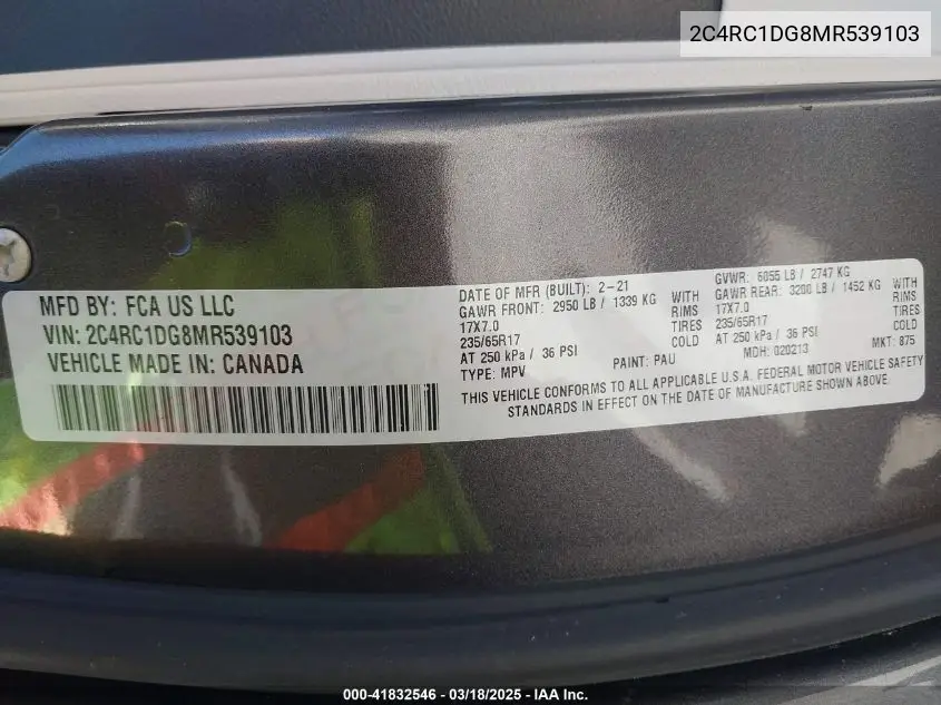 2021 Chrysler Voyager Lxi VIN: 2C4RC1DG8MR539103 Lot: 41832546