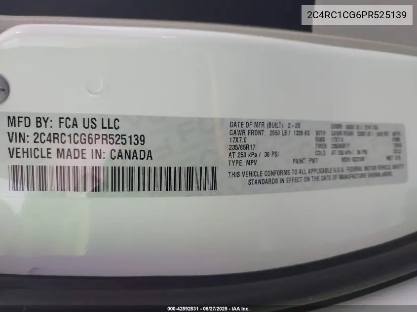 2023 Chrysler Voyager Lx VIN: 2C4RC1CG6PR525139 Lot: 42592831