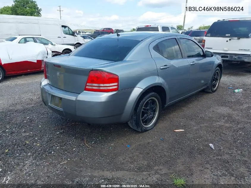 2008 Dodge Avenger Se VIN: 1B3LC46K98N586024 Lot: 42610265