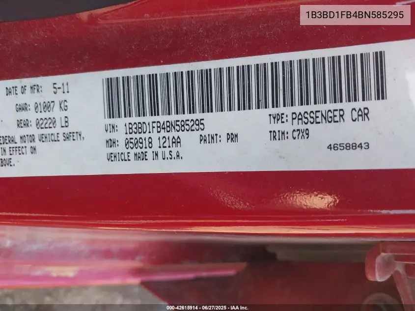 2011 Dodge Avenger Mainstreet VIN: 1B3BD1FB4BN585295 Lot: 42615914