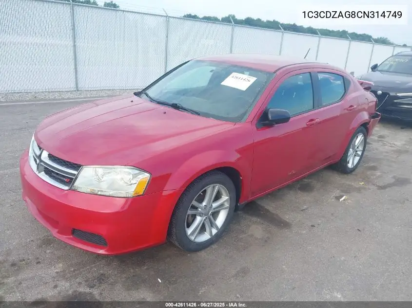 2012 Dodge Avenger Se VIN: 1C3CDZAG8CN314749 Lot: 42611426