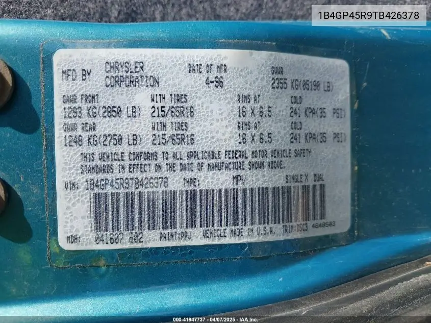 1996 Dodge Caravan Se/Sport VIN: 1B4GP45R9TB426378 Lot: 41947737