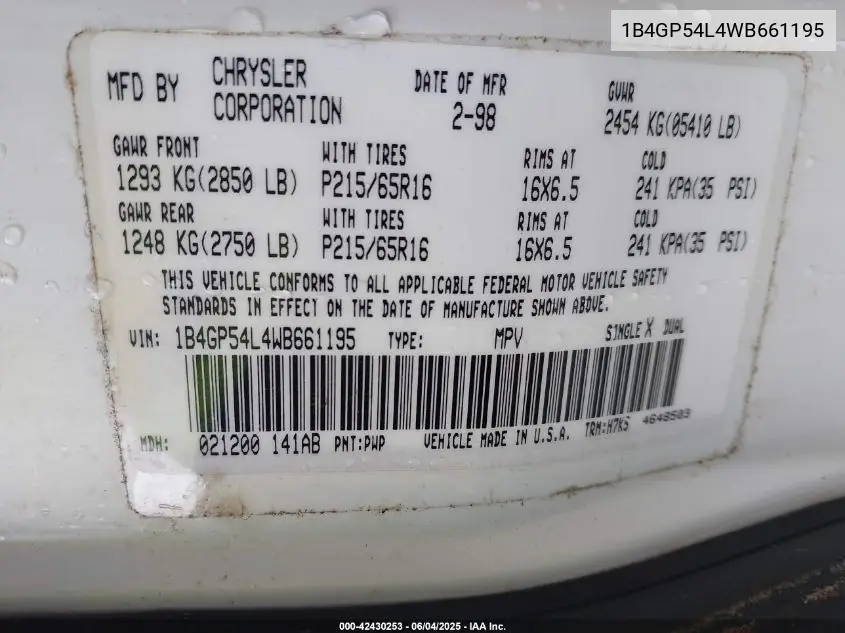 1998 Dodge Grand Caravan Es/Le VIN: 1B4GP54L4WB661195 Lot: 42430253