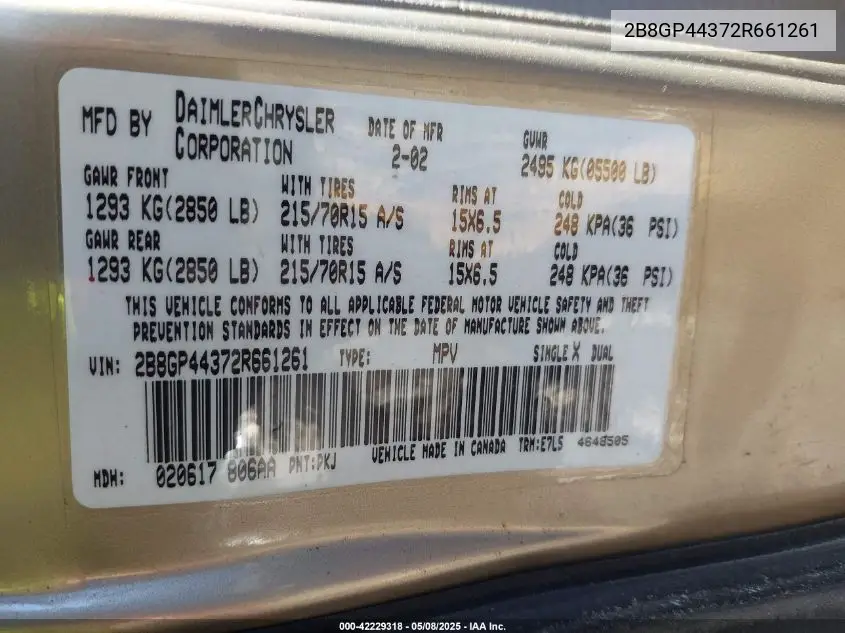 2002 Dodge Grand Caravan Sport VIN: 2B8GP44372R661261 Lot: 42229318