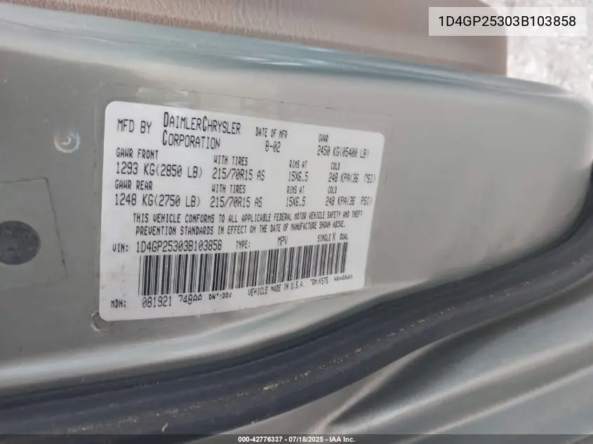 2003 Dodge Caravan Se VIN: 1D4GP25303B103858 Lot: 42776337