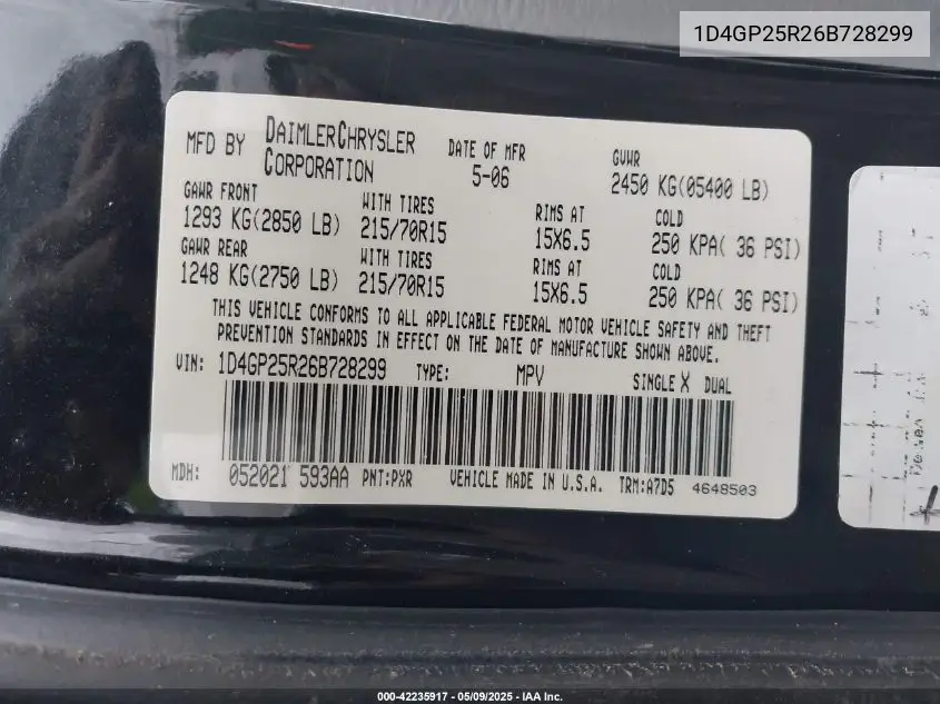 2006 Dodge Caravan Se VIN: 1D4GP25R26B728299 Lot: 42235917