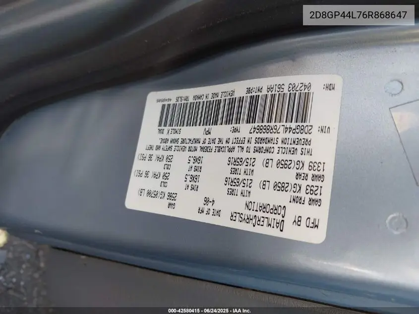 2006 Dodge Grand Caravan Sxt VIN: 2D8GP44L76R868647 Lot: 42580415