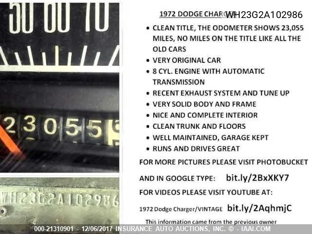 1972 Dodge Charger VIN: WH23G2A102986 Lot: 21310901