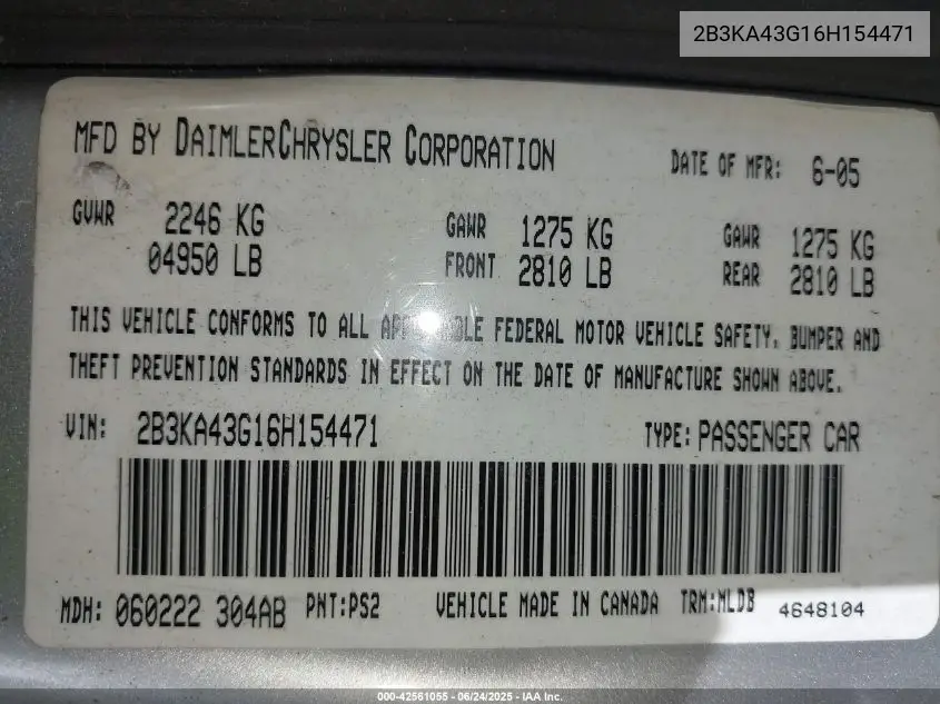 2006 Dodge Charger VIN: 2B3KA43G16H154471 Lot: 42561055