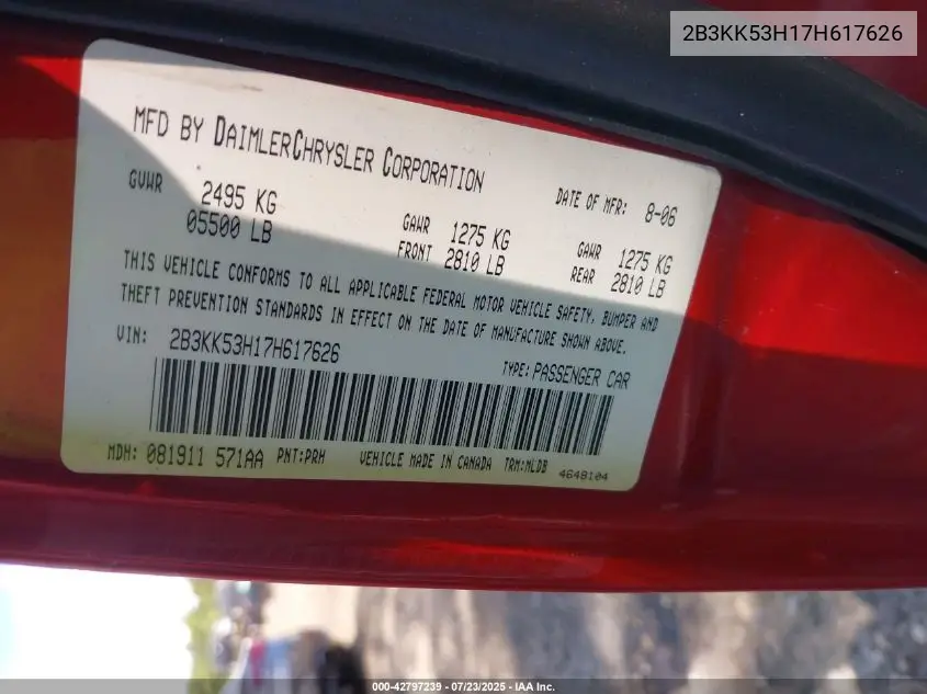 2007 Dodge Charger Rt VIN: 2B3KK53H17H617626 Lot: 42797239