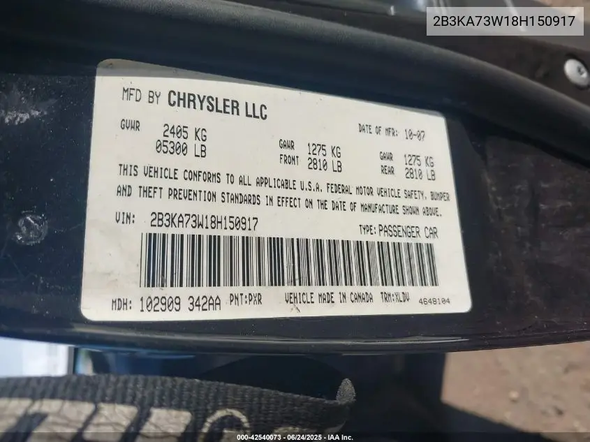 2008 Dodge Charger Srt8 VIN: 2B3KA73W18H150917 Lot: 42540073