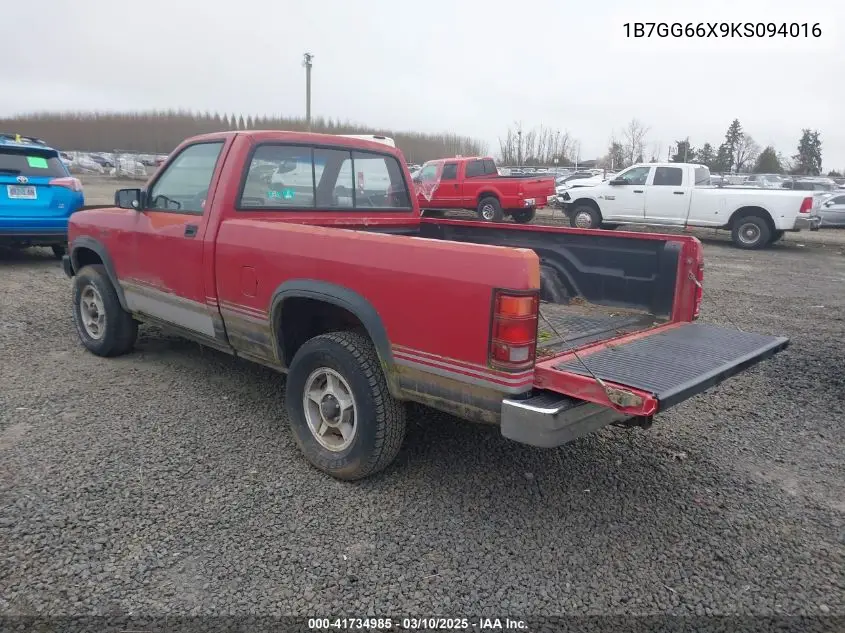 1989 Dodge Dakota Sport VIN: 1B7GG66X9KS094016 Lot: 41734985