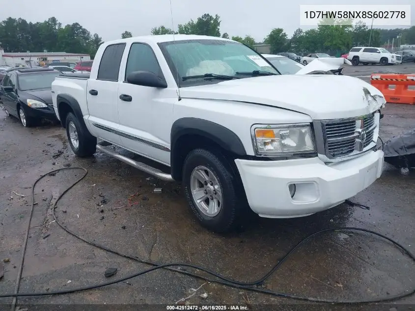 2008 Dodge Dakota Quad Laramie VIN: 1D7HW58NX8S602778 Lot: 42512472