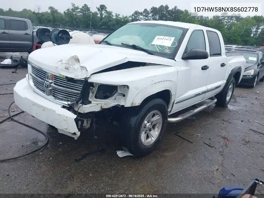 2008 Dodge Dakota Quad Laramie VIN: 1D7HW58NX8S602778 Lot: 42512472